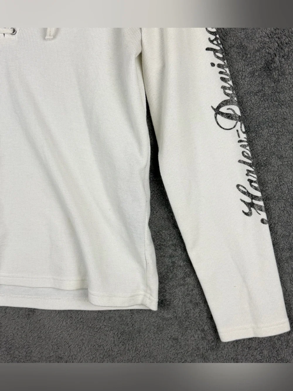 Harley Davidson White Cream Waffle Lace Up Skull Thermal Hoodie Women's Large - Picture 4 of 15